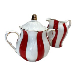Grace Teaware Red and White Striped Sugar Bowl and Creamer Set Christmas Peppermint Theme Holiday Kitchen Decor