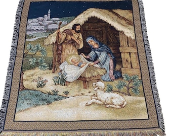 Vintage Nativity Scene Woven Tapestry Throw Blanket 50x56 with Fringe Cotton Wall Hanging Christmas Christian Decor USA