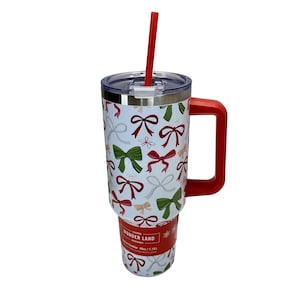 Christmas Festive Bow Print Stainless Steel 40oz Jumbo Tumbler With Lid & Handle