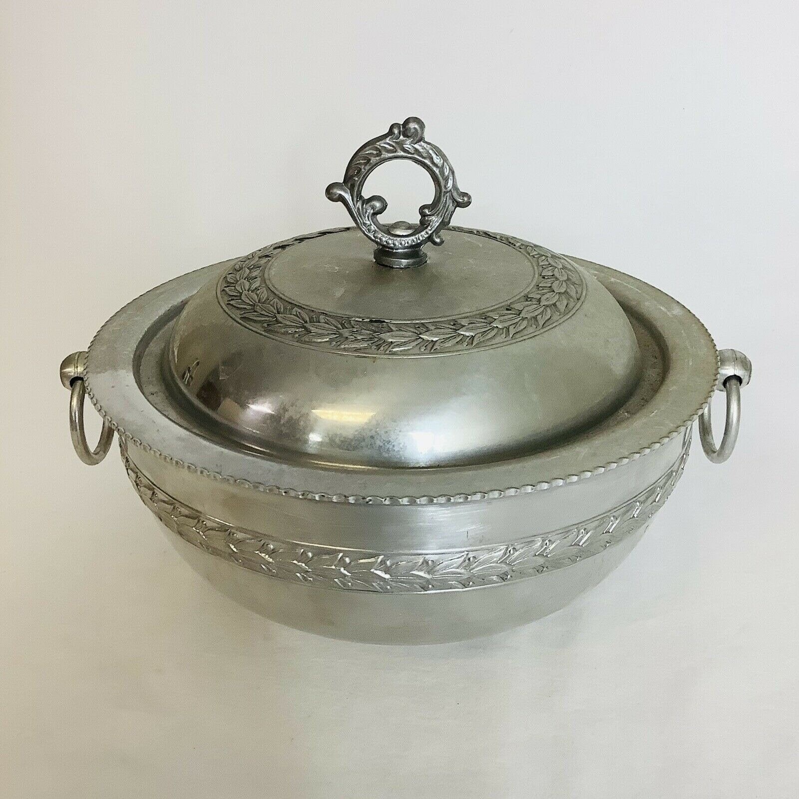 Vintage Aluminum Hammered Serving Bowl With Lid Ornate Leaves Etsy