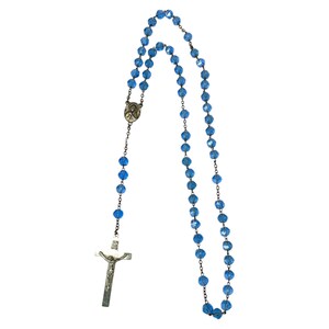 Faceted Blue Beads Catholic Italian Rosary Silver Tone Crucifix Vintage 18&quot; Prayer Beads Spiritual Christian Gifts Religious Collectible