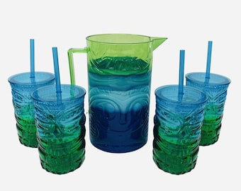 Tiki Pitcher Tiki Tumblers With Straw & Lid Set Acrylic Summer Fun Luau