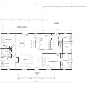 May include: A black and white architectural floor plan for a house measuring 64 feet by 65 feet. It features a living room, dining area, kitchen, three bedrooms, two bathrooms, a laundry room, a pantry, a storage area, a car port, and porches.