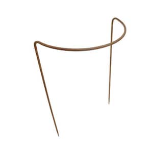 May include: A rusty metal plant support with a curved top and two pointed ends.