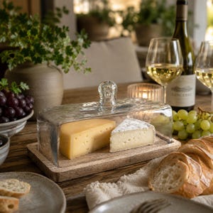 May include: A rectangular wooden serving board with a clear glass dome lid containing two wedges of cheese. The glass cover features a rounded handle on top, and the base is made of natural light-toned wood with a visible grain texture.