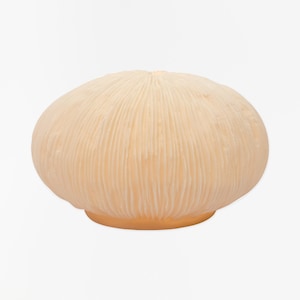 Op de afbeelding: Een crèmekleurige keramische tafellamp in de vorm van een paddenstoel met een getextureerd oppervlak.
