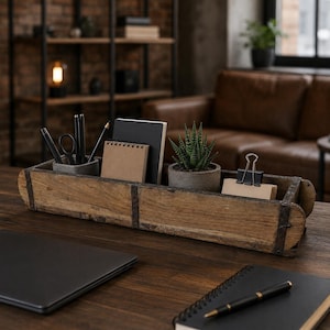 Può includere: Un lungo organizer da scrivania rettangolare in legno con fasce metalliche scure, contenente un portapenne in cemento grigio con penne nere, un piccolo taccuino a spirale, una pianta grassa in un vaso grigio e una clip nera su carta.