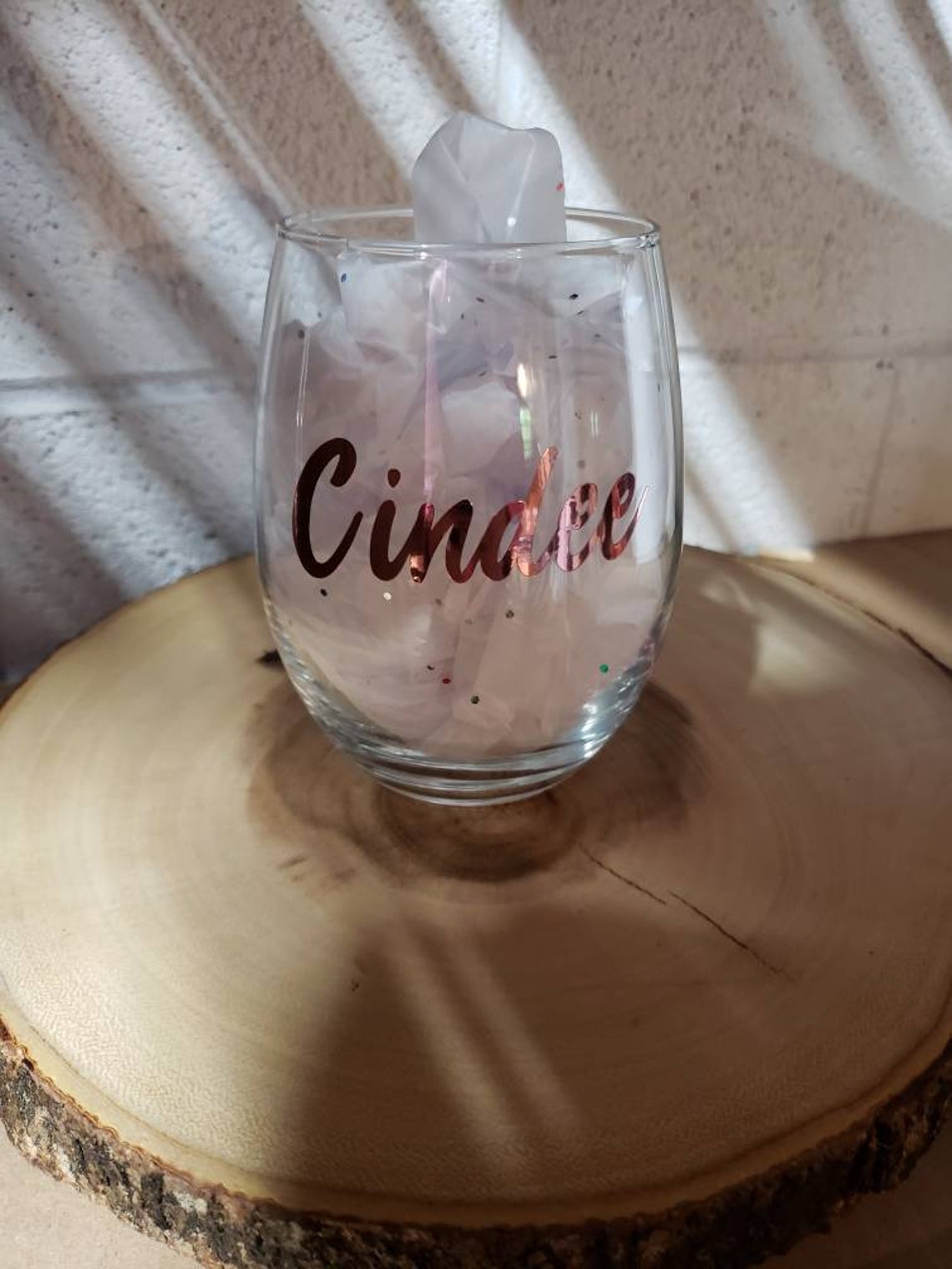 Personalized stemless wine glass. Cursive font. Bride gift. Etsy