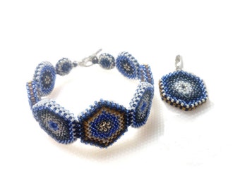 Blue Ocean Healing Mandala Beaded Set Pendant and Bracelet with Silver Clasps 925 Jewellery