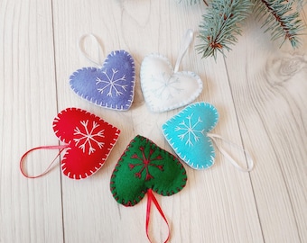 Handmade Felt Heart Christmas Ornament: Embroidered Snowflake Decoration