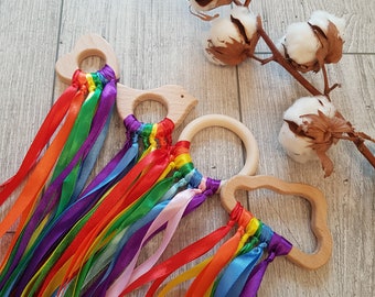 AQUILONE A MANO MONTESSORI Colori dell'arcobaleno Waldorf Toys Bacchetta del vento Gioca Terapia Anello di legno Nastro sensoriale Giocattolo sensoriale del bambino Giocattoli Montessori