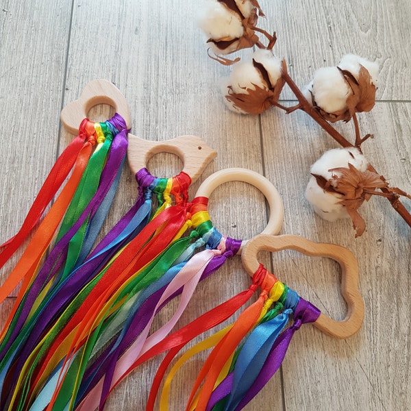 Cerf-volant à main MONTESSORI couleurs arc-en-ciel jouets Waldorf baguette à vent thérapie par le jeu anneau en bois ruban sensoriel bébé jouet sensoriel pour bébé jouets Montessori