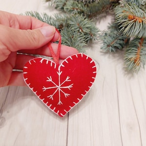 Embroidered heart ornament Red HEART ornament Christmas ornaments Handmade ornaments Felt decor