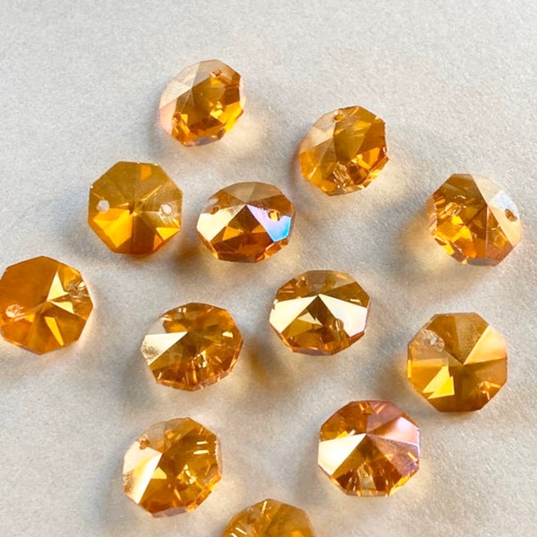 Set of 12 14mm Octagon Beads Metallic Golden Peach Iridescent Crystal Chandelier Prism 2 Hole Connectors