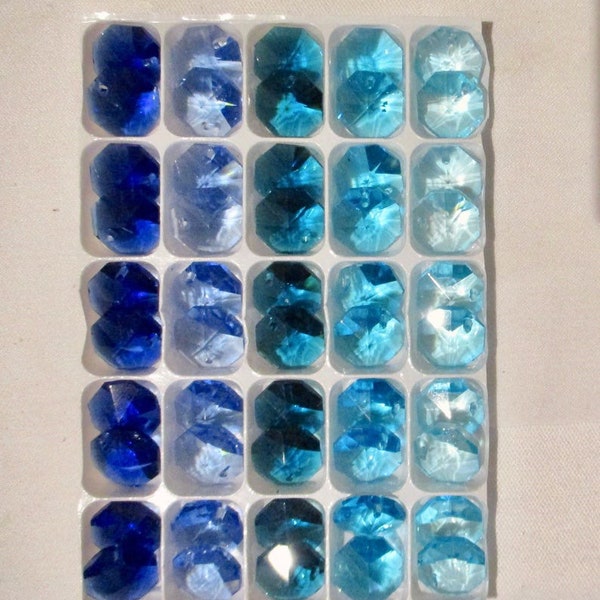 Set of 50 ~ 14mm Octagon Beads Crystals - Blue, Light Blue, Dk Teal, Aqua, Light Aquamarine  - 2 Hole Connectors - Sky Collection