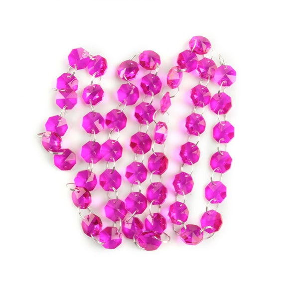 1 Yard (3 ft.) FUCHSIA/ HOT PINK Chandelier Crystals Garland Chain - Choose Silver or Gold Ring Connectors