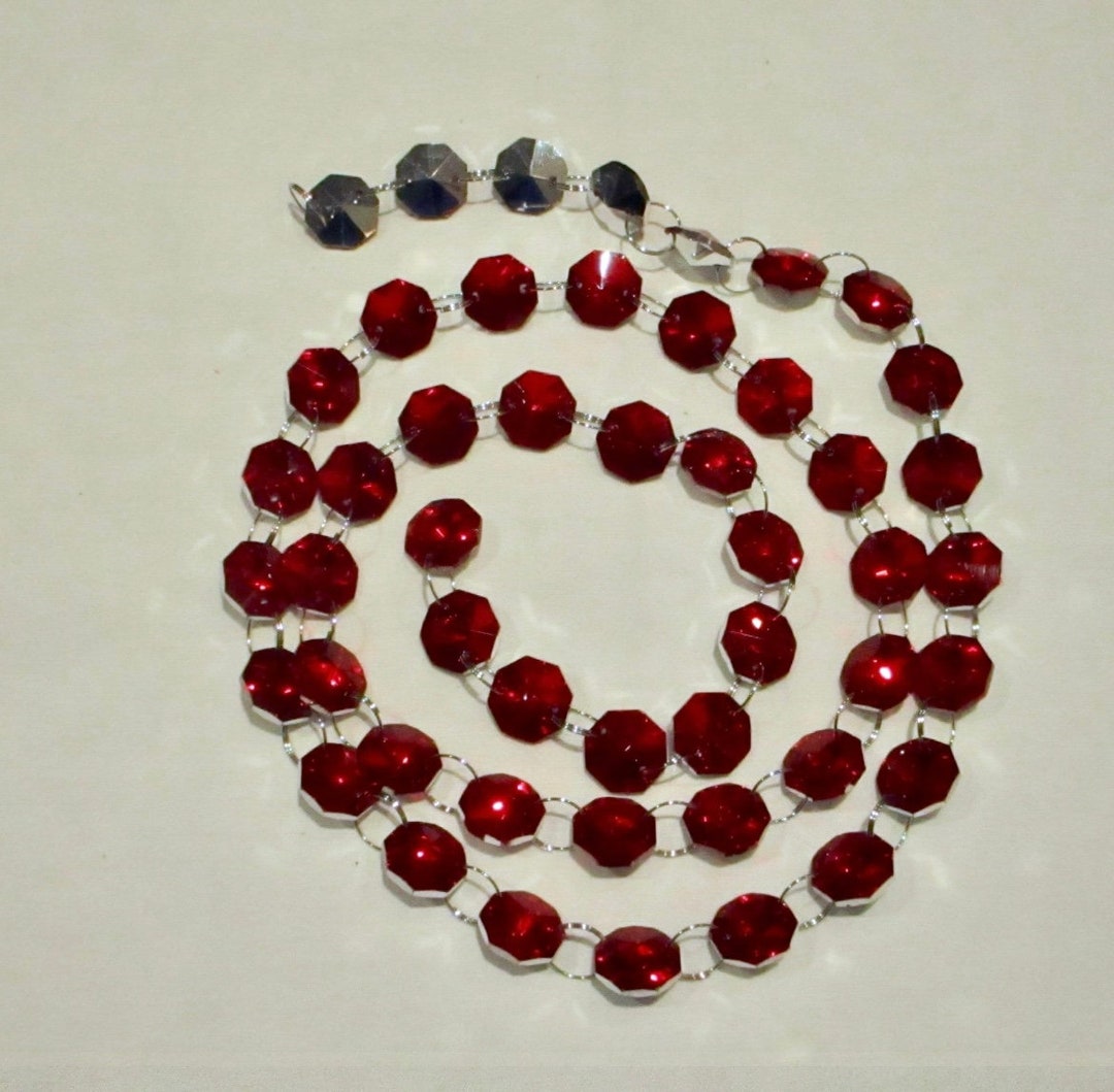 1 Yard 3 Ft RED IRIDESCENT Chandelier Crystals Bead Garland Chain Red Iridescent With Silver