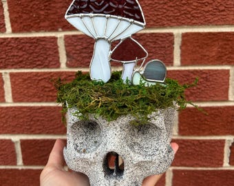 stained glass mushrooms with 3D printed skull