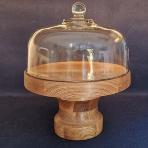 Solid Oak Cake Stand and Glass Dome/Cloche - 2 sizes available. Wedding cake stand, Cupcake Stand, Cheese Stand, Fruit Stand.