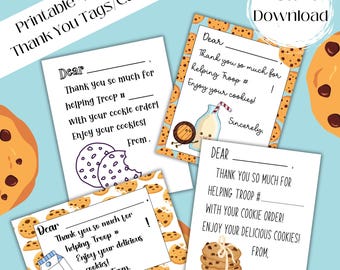Può includere: Quattro biglietti di ringraziamento stampabili da 10,16 cm x 12,7 cm con un tema di biscotti. I biglietti presentano un cartone di latte, biscotti e il testo "Grazie mille per aver aiutato la truppa # con il tuo ordine di biscotti! Goditi i tuoi biscotti!"