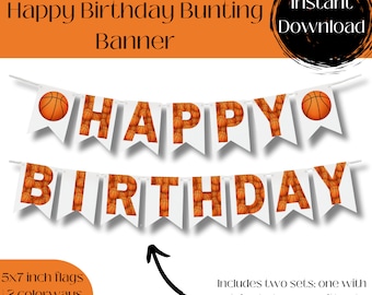 Printable Birthday Basketball Banner, Happy Birthday Banner, Birthday Bunting Banner, Basketball Birthday Party, Sports Party