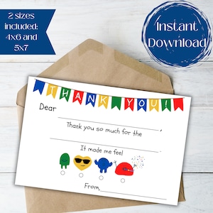 Druckbare Dankeskarte für Kinder, Geburtstags-Dankeschön, Füllen Sie die Lücke für Kinder, Kinderbriefpapier, Kinder-Dankeschön, Regenbogenkinder