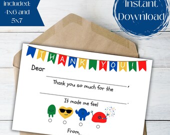 Printable Thank You Card for Kids, Birthday Thank You, Fill In the Blank for Kids, Kids Stationery, Kids Thank You, Rainbow Kids