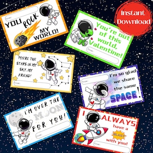 Afdrukbare ruimtethema astronaut Valentijnskaarten voor kinderen Klasuitwisseling, valentijnskaarten ruimte, astronaut Valentijnsdag digitaal