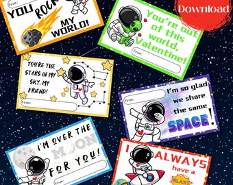 Biglietti di San Valentino stampabili con astronauti a tema spazio per bambini in classe, biglietti di San Valentino spaziali, biglietti di San Valentino digitali con astronauti