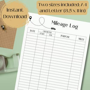 May include: Printable mileage log template in black and white. The template includes columns for date, odometer start and end readings, purpose, and miles driven. The text "Mileage Log" is at the top of the page.