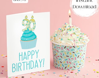 印刷可能な 90 歳の誕生日おめでとうグリーティング カード、おばあちゃんへのプレゼント、お母さんへのプレゼント、100 歳の誕生日パーティー、すぐにダウンロード