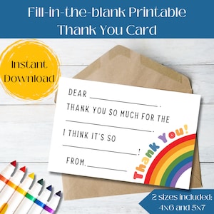 Regenbogen Kinder Dankeschön Karte zum Ausdrucken, Füllen Sie die leere Dankeschön Karte aus, Kinder Geburtstag Dankeschön, Danke Grußkarte