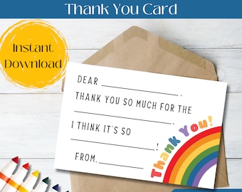 Afdrukbare Rainbow Kids dank u Notecard, vul de lege dank u in, Kids briefpapier, Kids verjaardag dank u, dank u wenskaart