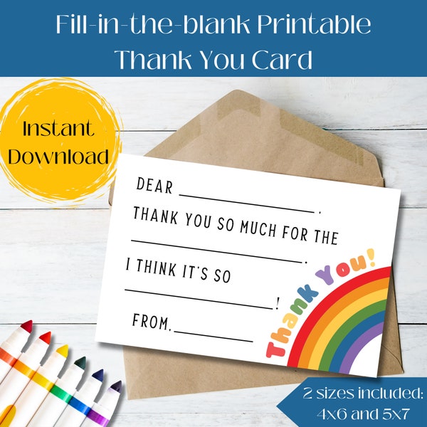Printable Rainbow Kids Thank You Notecard, Fill in the Blank Thank You, Kids Stationery, Kids Birthday Thank You, Thank You Greeting Card