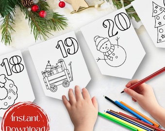 Printable Advent Calendar Coloring Activity Banner, Color Your Own Christmas Banner, Kids Holiday Christmas Party Garland