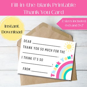 Pastell Regenbogen Kinder Dankeschön Grußkarte, Füllen Sie das leere Dankeschön aus, Kinder Briefpapier, Kindergeburtstag Dankeschön, Grußkarte