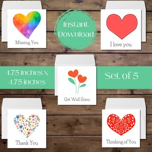 Conjunto de cartões de felicitações de coração para impressão, cartões de melhoras, cartões de saudades, cartões de agradecimento, cartão minimalista, eu te amo,