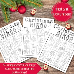 Gioco del bingo di Natale da colorare per bambini, gioco di attività di Natale da colorare stampabile, schede del bingo per la classe, scuola materna prima elementare