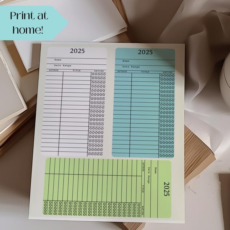 May include: Printable book log with three sections for 2025. Each section has a name, date range, author, title, and rating columns. The sections are white with black text, light blue with black text, and light green with black text.