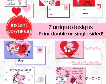 Tarjetas de San Valentín con ajolotes para imprimir para niños (PDF)