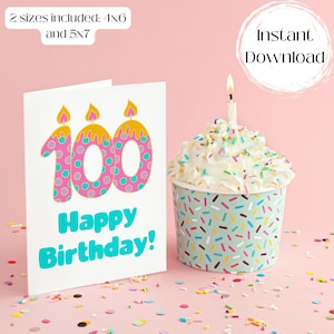 Tarjeta de felicitación imprimible para el centenario, regalo para abuela, regalo para mamá, fiesta de centenario, descarga instantánea