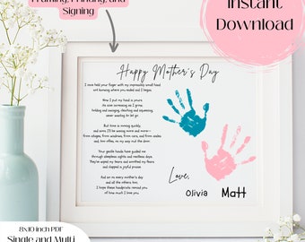 May include: A printable 8x10 inch Mother's Day card with a poem about a child's growing handprints. The poem reads "I once held your finger with my impossibly small hand not knowing where you ended and I began... I hope these handprints remind you of how much I love you." The card features two handprints, one in teal and one in pink, with the names Olivia and Matt written below.