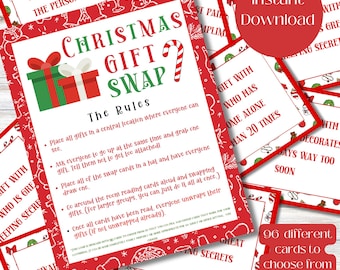 May include: A red and white Christmas gift swap game with 96 different cards to choose from. The cards have instructions for swapping gifts, such as "Swap your gift with the person with the smallest gift" and "Gift with who has come alone more than 20 times".