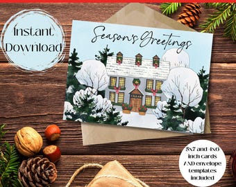 Printable Season's Greetings Christmas Greeting Card, Christmas Card Instant Download, Winter Greetings Card, Secular Christmas Card