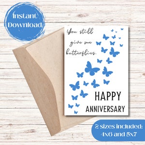 Tarjeta de felicitación de aniversario imprimible, temática de mariposas, feliz aniversario, descarga instantánea, regalo para esposo, esposa y pareja.