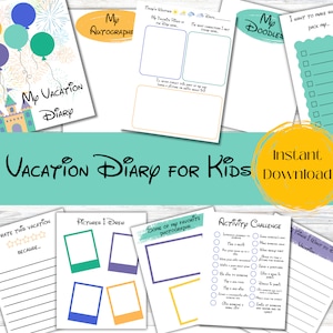 Diario de viaje imprimible, diario de viaje para niños, diario de viaje imprimible, diario de vacaciones para parques temáticos