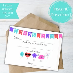 Vul de blanco bedankkaart voor kinderen in, afdrukbare bedankkaart voor kinderen, briefpapier voor kinderen, kinderverjaardag bedankt, digitaal bestand, pastel