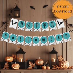 May include: A printable Halloween banner with teal circles and black bats on a white background. The banner reads "Happy Halloween".