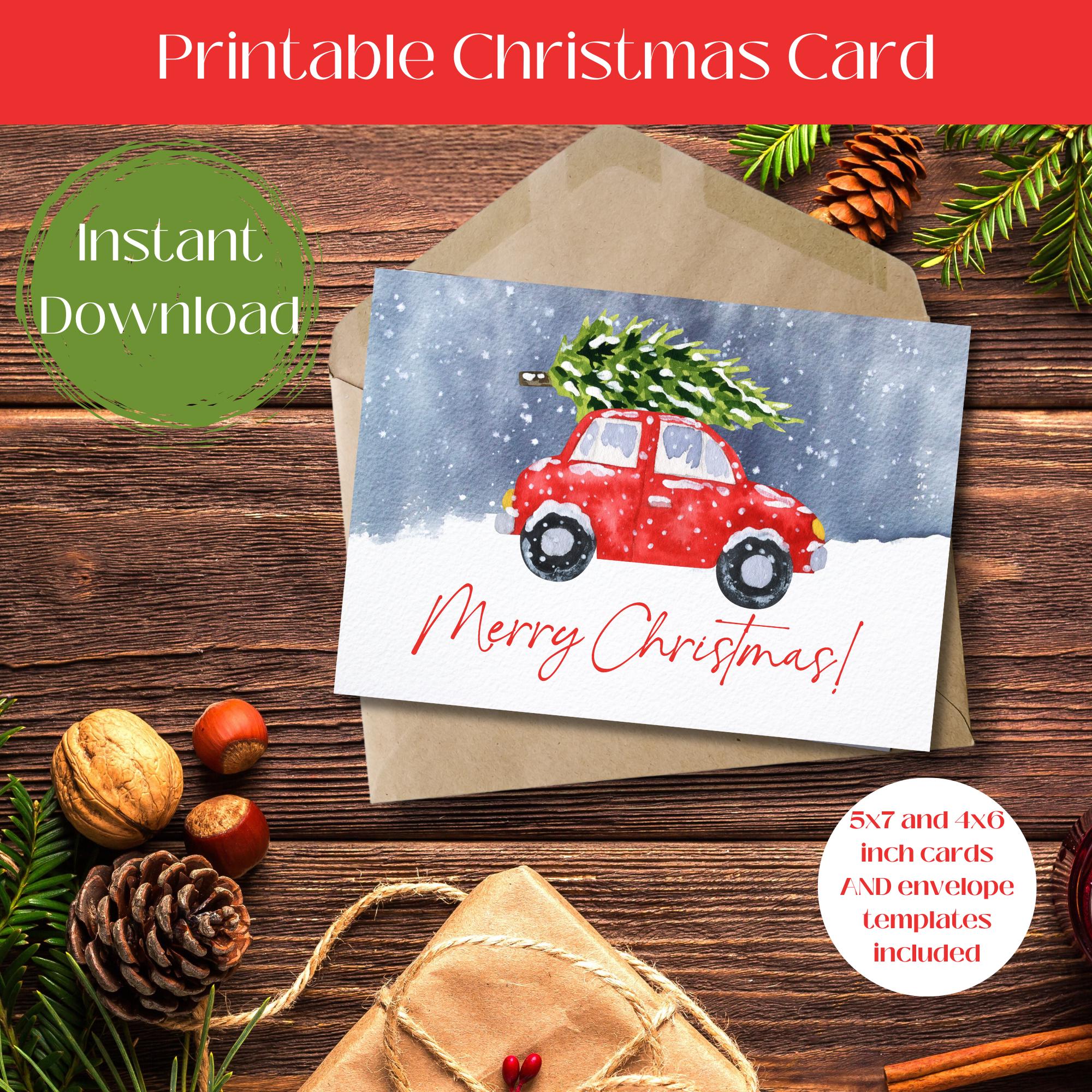 Printable Merry Christmas Greeting Card, Christmas Card Instant Download, Winter,  Secular Christmas Card, Red Truck Christmas
