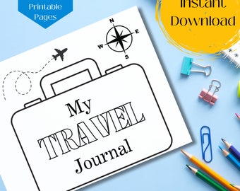 Printable Kids Travel Journal, Travel Diary, Travel Journal Printable, Black and White, Coloring Pages, Vacation Journal, Travel Memory Book